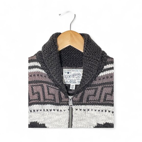 Lucky Brand Zip-Front Shawl Collar Bear Cardigan Aztec Print Sz Medium - Picture 4 of 9